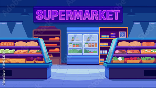 Colorful illustration of a supermarket interior featuring display shelves of fresh vegetables, baked goods, and a refrigeration unit, creating an inviting shopping atmosphere.