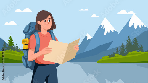 A cheerful young woman with a backpack stands by a serene lake, studying a map against a backdrop of majestic mountains.