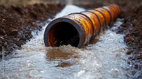 A drilling pipe penetrates muddy ground with water splashing around, symbolizing the quest for groundwater access, modern technology, resource extraction, and human ingenuity in engineering