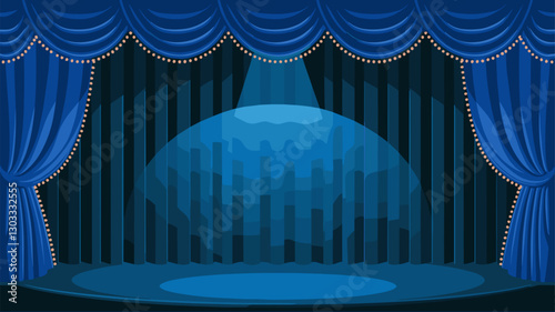 A beautifully designed theater stage featuring rich blue curtains and a bright spotlight, perfect for showcasing performances and artistic displays.