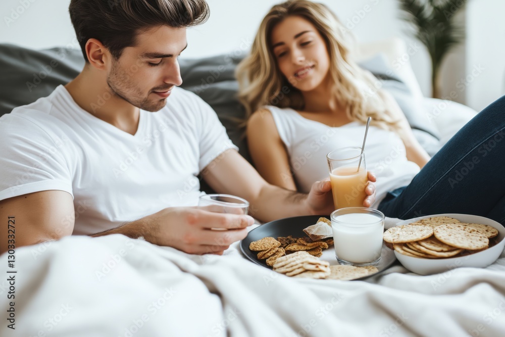 Couple share snacks and beverages on a comfortable couch, creating a warm and inviting atmosphere during their bonding time, love. Couple share snacks and beverages on a comfortable couch, creating a warm and inviting atmosphere during their bonding time, love.