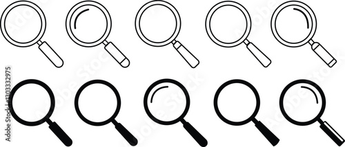 Magnifying Glass Icons Set - Black and Outline Search Symbols for Investigation, Zoom, and Discovery