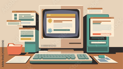A vintage-inspired illustration of a retro computer setup, featuring multiple screens, documents, and office supplies, perfect for tech or nostalgia-themed projects.