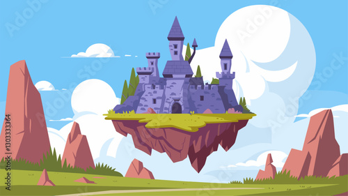 Explore a whimsical floating castle set against a bright blue sky, surrounded by lush greenery and rugged mountains. Perfect for fantasy themes!