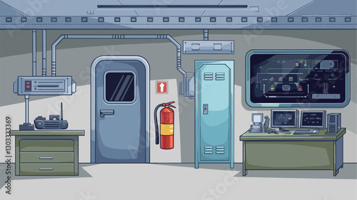 A sleek, modern control room featuring high-tech monitors, communication equipment, and emergency fire safety gear, ideal for sci-fi or industrial themes.
