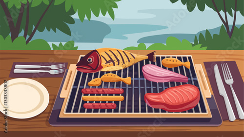 A vibrant picnic scene featuring an array of delicious grilled fish and meats on a barbecue, set against a serene lakeside backdrop surrounded by lush greenery.