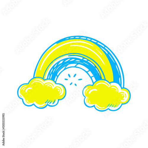 Colorful rainbow icon over clouds, joyful weather concept