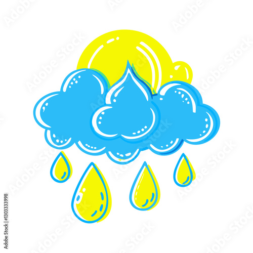 Raindrop icon with blue cloud and yellow sun, weather concept