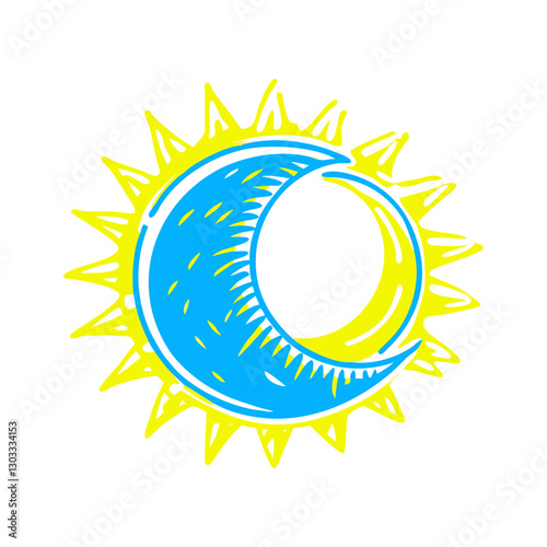 Solar eclipse icon with sun and moon, celestial event concept