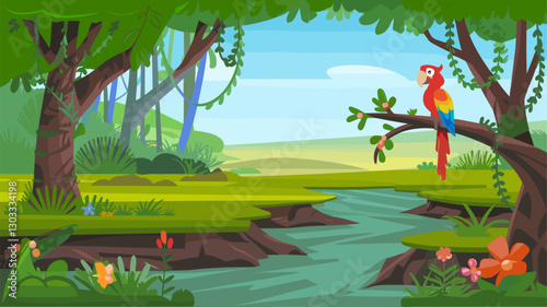 Explore a lush jungle scene featuring a bright parrot perched on a branch, surrounded by vibrant foliage and a serene river.