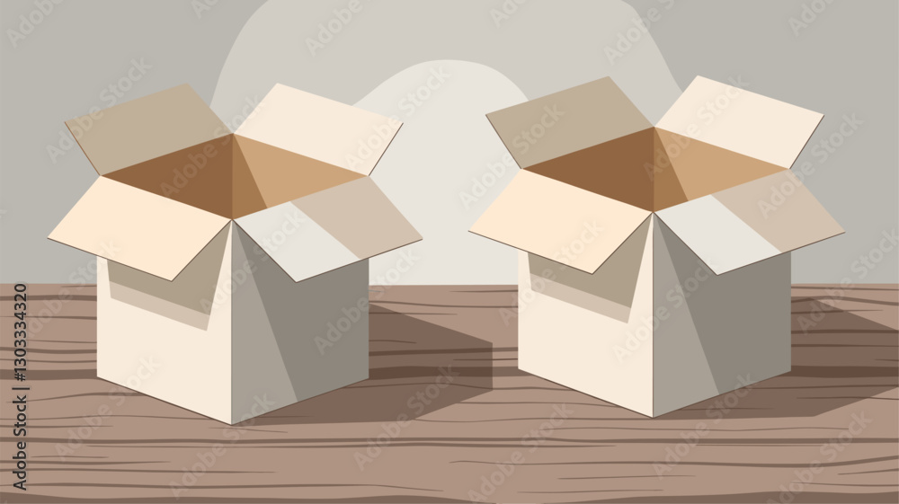 Two empty, open cardboard boxes sit side by side on a rustic wooden table, bathed in soft light, ideal for packing and storage concepts. Two empty, open cardboard boxes sit side by side on a rustic wooden table, bathed in soft light, ideal for packing and storage concepts.