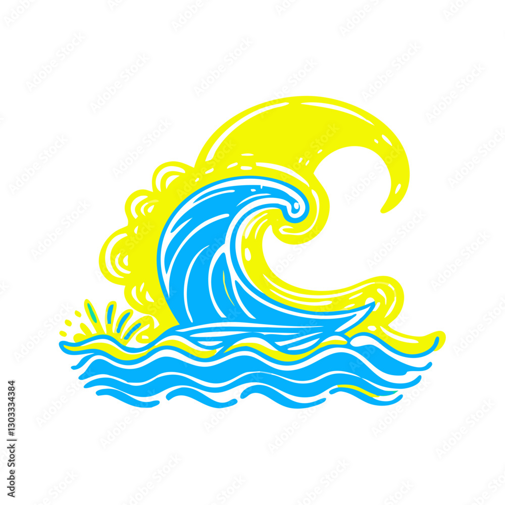 Fototapeta premium Tide wave icon with bright sun, vibrant ocean symbol