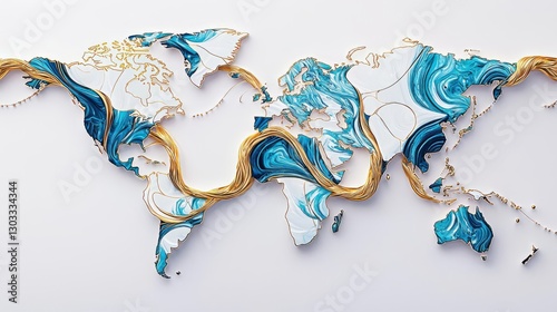 Artistic world map design with blue and gold swirls, perfect for creative projects.
