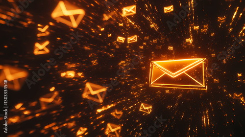 Digital Cascade: A mesmerizing visual of a multitude of illuminated email icons streaming through a digitally rendered space, evoking a sense of global communication.