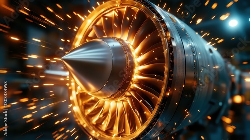 An up-close view of a jet engine, with fiery sparks illuminating the metallic components, showcasing the intensity and intricacies of advanced aviation technology. photo
