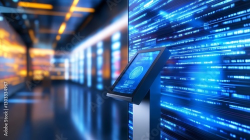 Modern digital kiosk displaying interactive content in a futuristic hallway with glowing screens