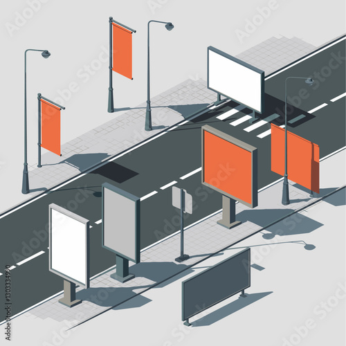 A minimalist isometric illustration of an empty street featuring various blank billboards, streetlights, and a crosswalk. Ideal for advertising, urban design, or signage concepts.