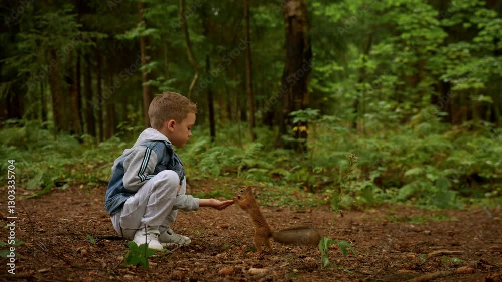 Boy feeds a squirrel with nuts in the forest. A child feeds a wild squirrel from his hands in a green forest in summer. Boy feeds a squirrel with nuts in the forest. A child feeds a wild squirrel from his hands in a green forest in summer.