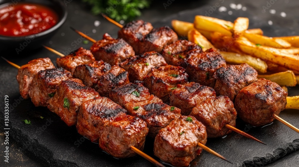 Grilled beef skewers with potatoes and tomato sauce on black stone Grilled beef skewers with potatoes and tomato sauce on black stone