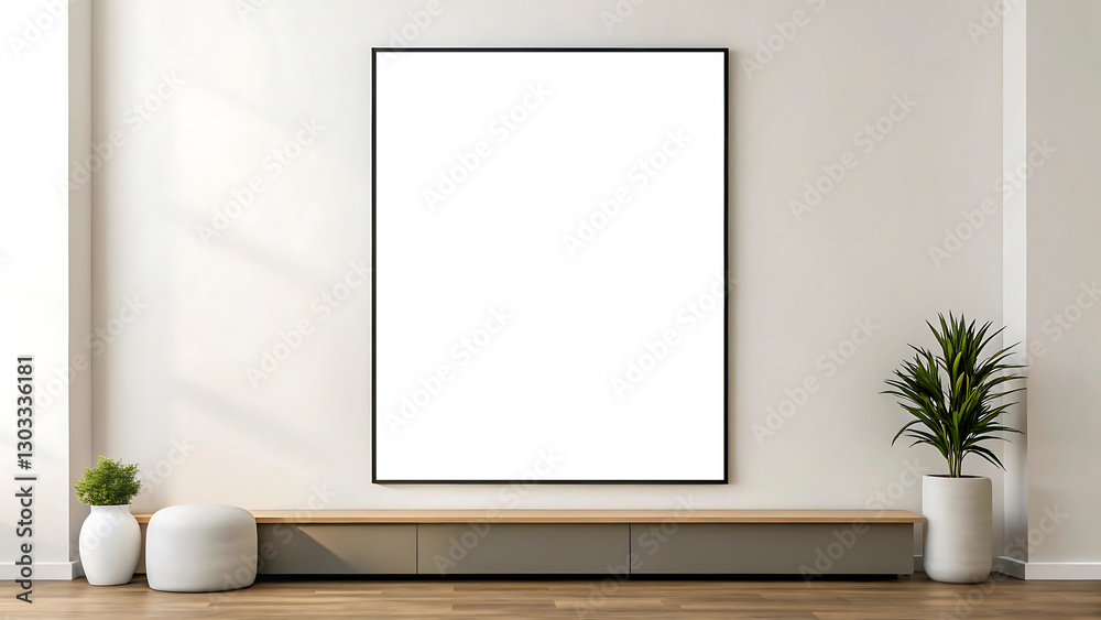 Blank white poster mockup in a modern living room with minimalist decor and clean lines. 3d rendering Blank white poster mockup in a modern living room with minimalist decor and clean lines. 3d rendering