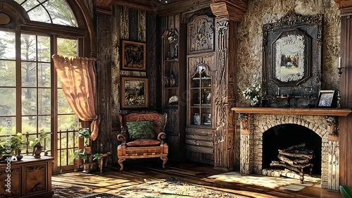 A cozy and inviting interior with a large window, wooden furniture, and fireplace.