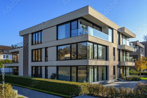 A modern apartment building with sharp, clean lines, large windows, and a neutral color palette