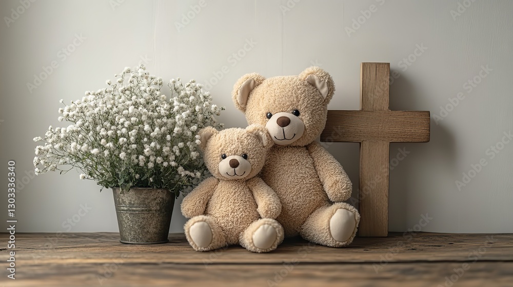 Fototapeta premium wooden teddy bear family and christian cross on white wall background