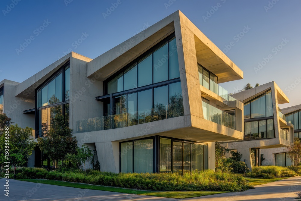 A modern apartment complex with large glass windows, sharp edges, and an elegant concrete exterior