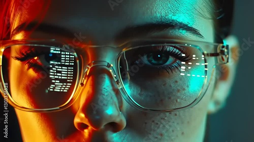 A close-up of a woman's face with futuristic glasses reflecting computer code.