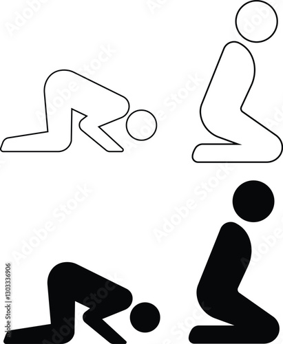 Islamic Prayer Posture Icons - Outline & Solid Vector Muslim Salah Symbols Ruku & Sujud