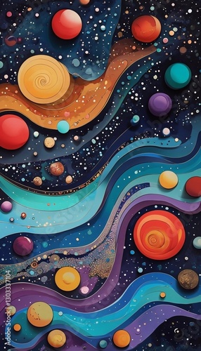 Abstract space: a bright and unique illustration that combines spheres, waves, and a cosmic atmosphere.