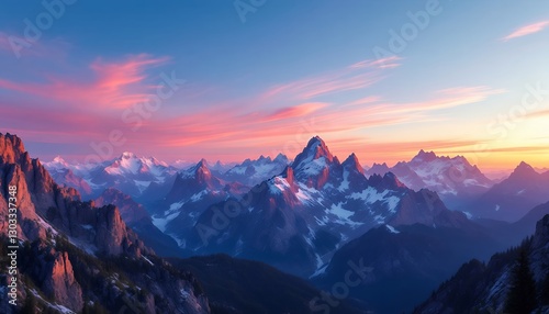 Mountain Sunset_ Pink Sky Over Snowy Peaks Landscape_