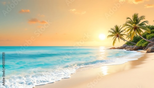 Tropical Beach Sunset_ Palm Trees, Turquoise Sea, Golden Sand