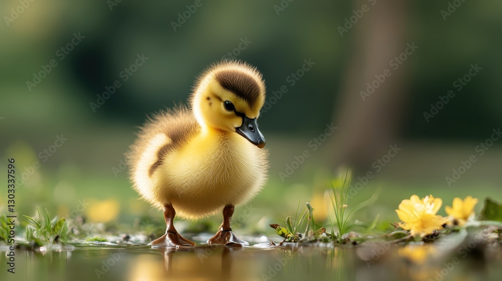 A captivating duckling waddling near flowers by the water, portraying the essence of spring with its vibrant colors and the beauty of youthful exploration. A captivating duckling waddling near flowers by the water, portraying the essence of spring with its vibrant colors and the beauty of youthful exploration.