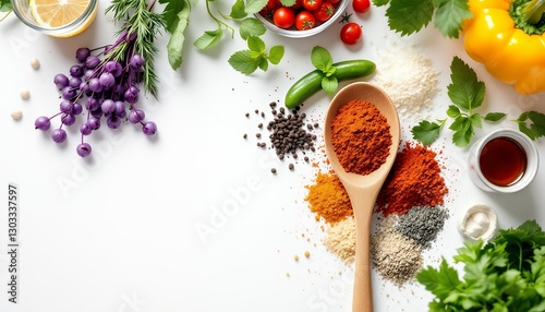 Healthy Food Flat Lay_ Spices, Herbs, Vegetables on White