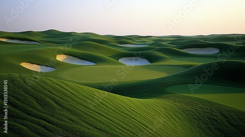 Expansive golf course landscape at dawn, rolling hills, bunkers photo