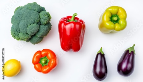 Fresh Vegetables_ Broccoli, Peppers, Eggplant, and Lemon Still Life