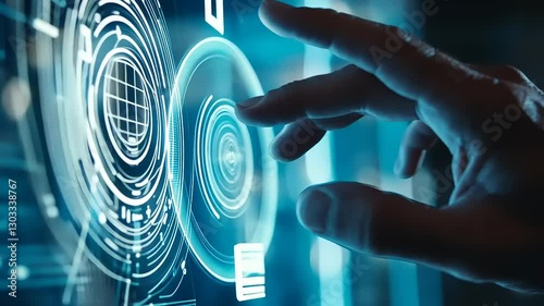 A human hand interacting with a futuristic, glowing digital interface displaying concentric circles.