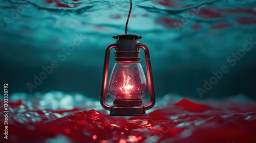 A striking image of a lantern suspended over deep blood-red water, conveying a strong emotional feeling of duality between hope, fear, and mystery in an abstract environment. photo