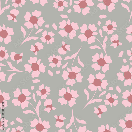 Elegance pink floral stems seamless pattern on a grey background. Vector hand drawn. Artistic, abstract flowers and tiny leaves, buds bells printing. Template for designs, fabric, fashion, textile
