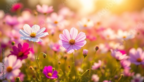 Cosmos Flower Field_ Pink, White Blooms in Golden Light