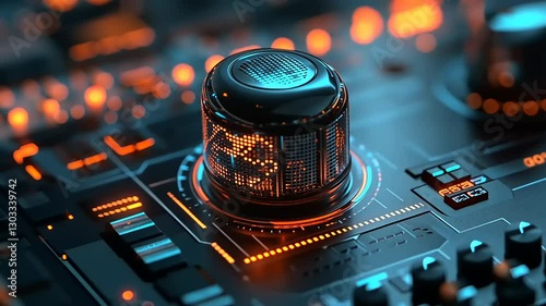 A detailed, futuristic depiction of a central processing unit with vibrant orange and blue accents.
