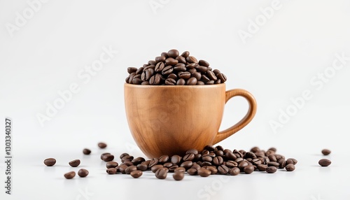 Coffee Beans Overflowing Wooden Cup on White Background