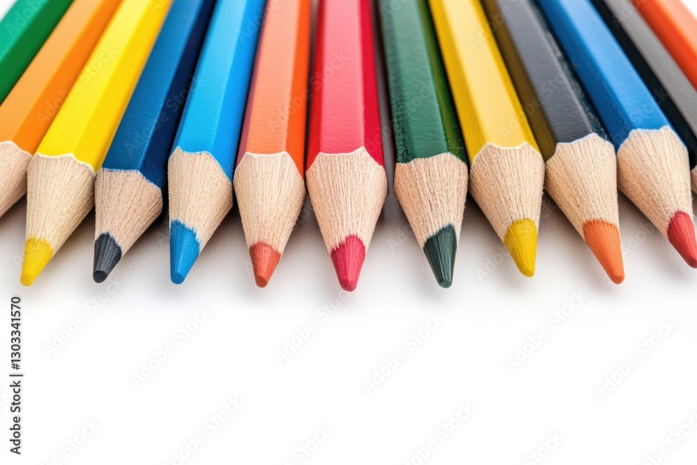 Vibrant and Colorful Pencils Arranged in a Straight Line on White Vibrant and Colorful Pencils Arranged in a Straight Line on White