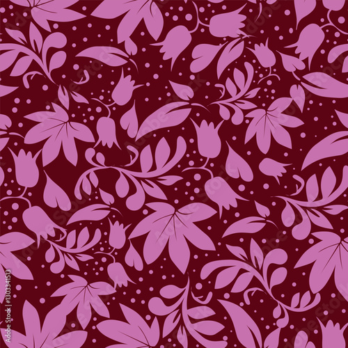 Elegance pink floral stems seamless pattern on a grey background. Vector hand drawn. Artistic, abstract flowers and tiny leaves, buds bells printing. Template for designs, fabric, fashion, textile
