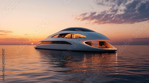 A modern futuristic yacht is beautifully showcased against a vibrant sunset, reflecting minimalist design and luxury that captivates the essence of oceanic tranquility.