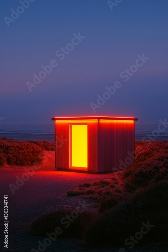 Lit tiny house shines at dusk near the coast, usable as a unique vacation rental