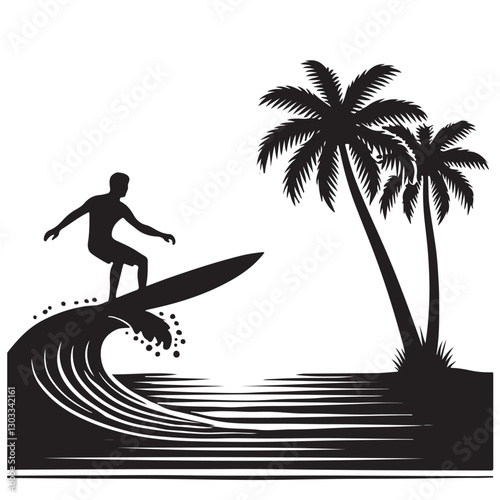 Silhouette of Surfer Riding Wave with Palm Trees Tropical Paradise
