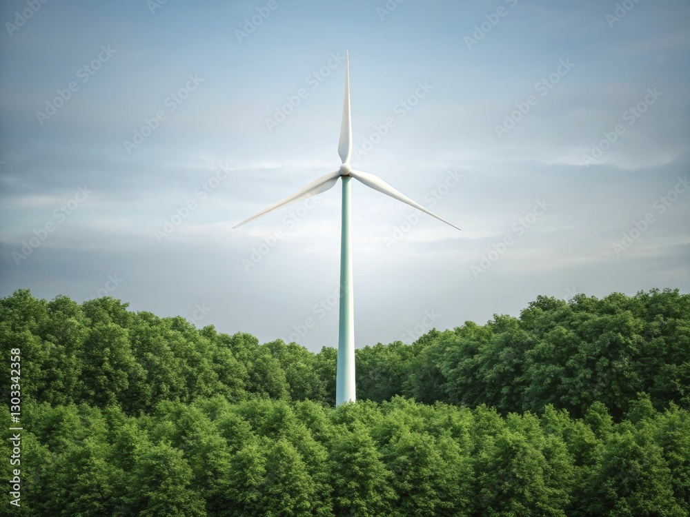 A photorealistic depiction of a wind turbine rising from lush greenery, with subtle futuristic elements integrated into the turbine’s design A photorealistic depiction of a wind turbine rising from lush greenery, with subtle futuristic elements integrated into the turbine’s design