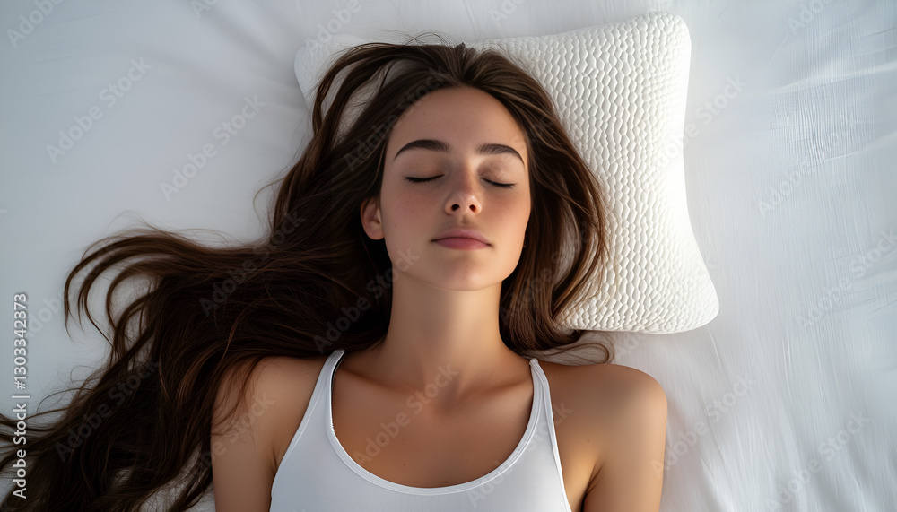 Young woman sleeping on bed with orthopedic pillow against white background. Healthy posture concept Young woman sleeping on bed with orthopedic pillow against white background. Healthy posture concept